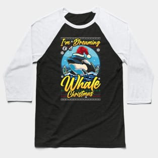 Funny Santa Whale Pun Mens Womens Ugly Christmas Orca Whale Baseball T-Shirt